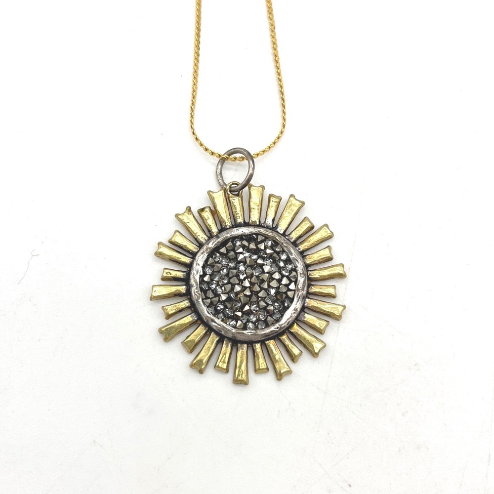 Waxing Poetic Be The Light Sun Pendant Necklace Marcasite Gold Tone Mixed Metal
